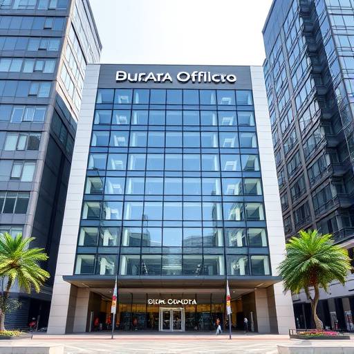 Fachada moderna del edificio de oficinas de Oratoria Brillante en el centro de Bogotá.
