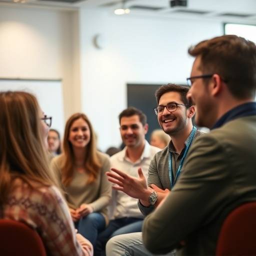 Personas participando en un taller de oratoria para principiantes, riendo y aprendiendo.